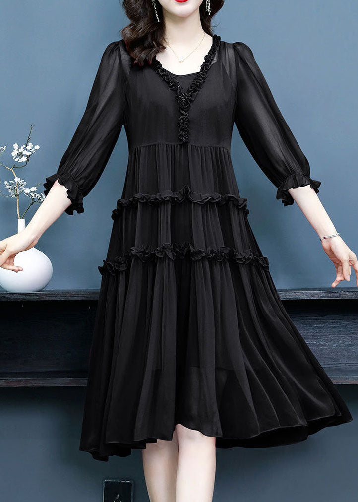 Women Black Ruffled Patchwork Silk Two Piece Set Dresses Summer