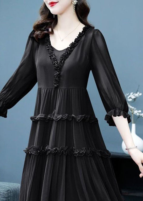 Women Black Ruffled Patchwork Silk Two Piece Set Dresses Summer