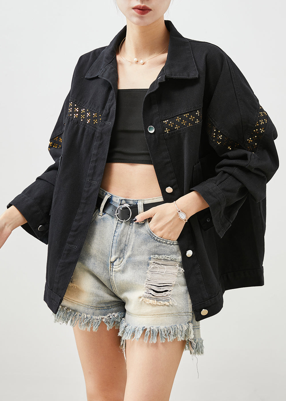 Women Black Sequins Patchwork Denim Coats Fall