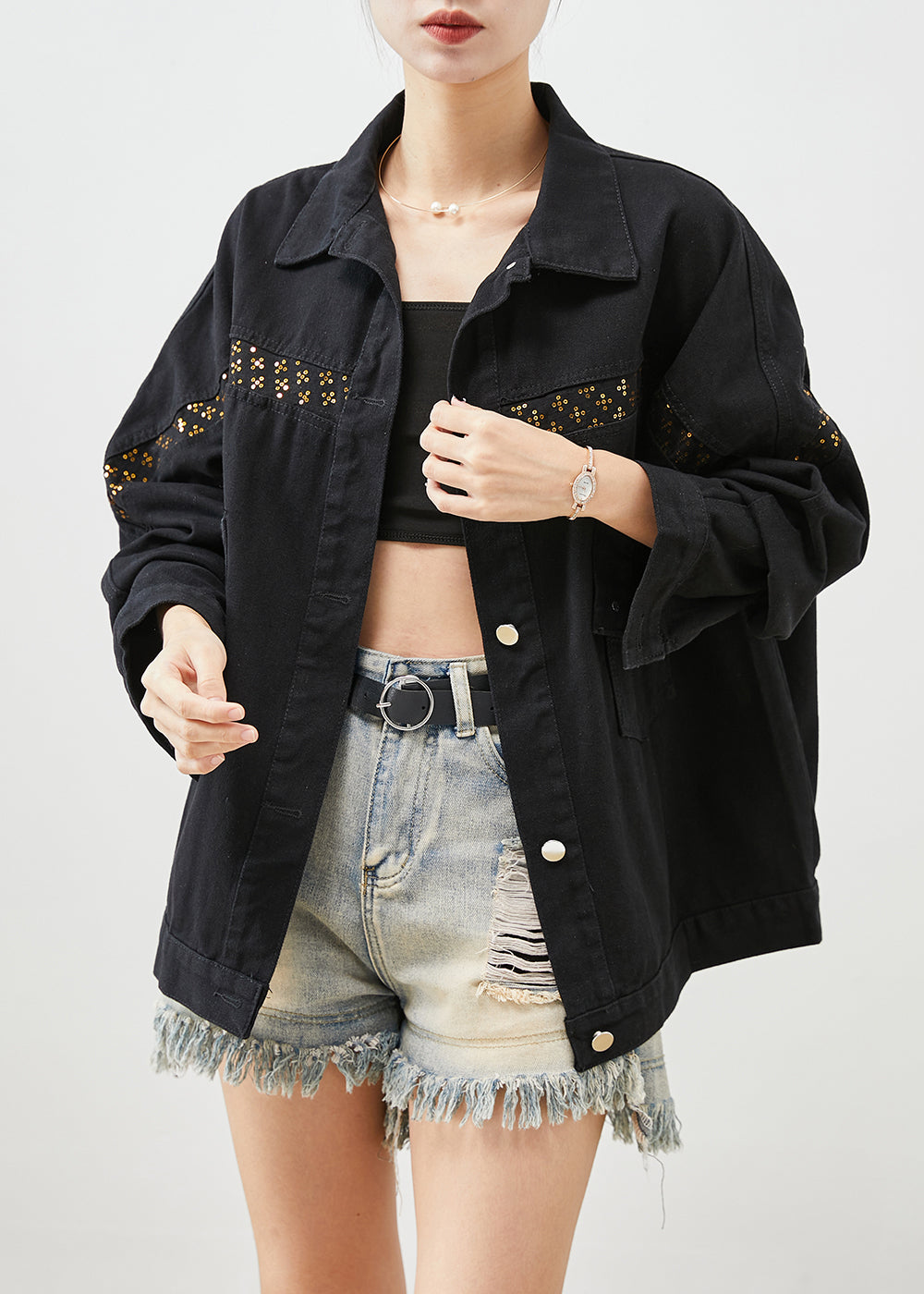 Women Black Sequins Patchwork Denim Coats Fall