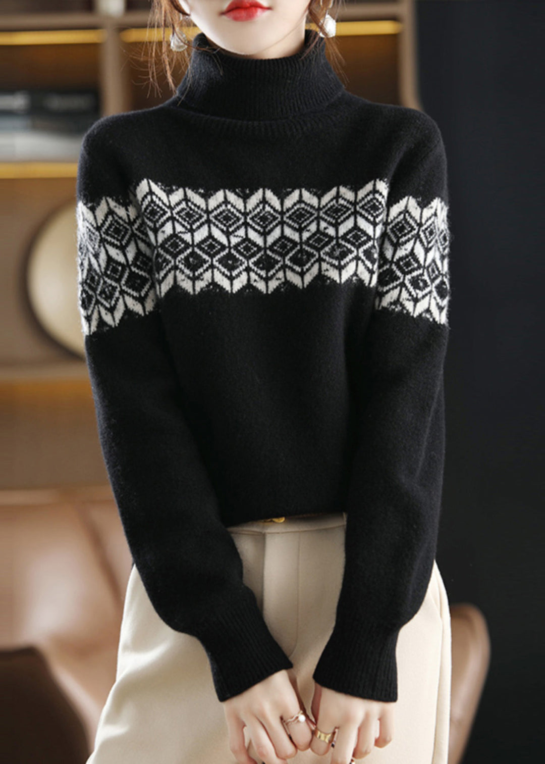 Women Black Solid Turtleneck Cotton Knit Top Long Sleeve