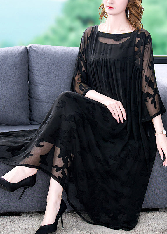 Women Black Square Collar Embroideried Chiffon Dress Two Pieces Set Summer