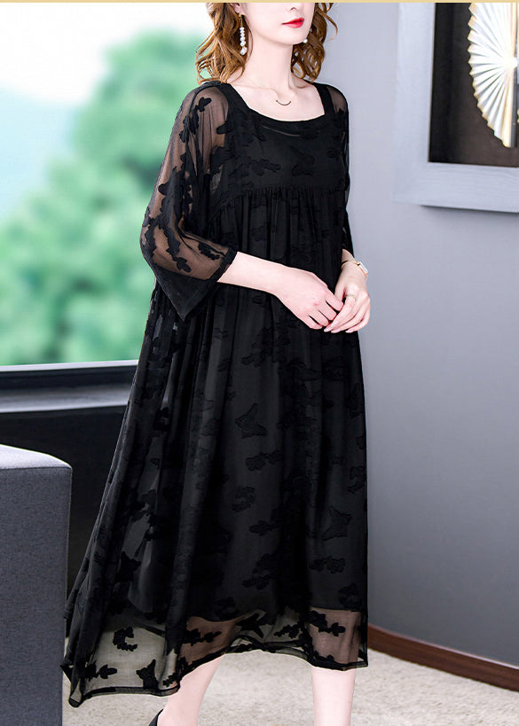 Women Black Square Collar Embroideried Chiffon Dress Two Pieces Set Summer