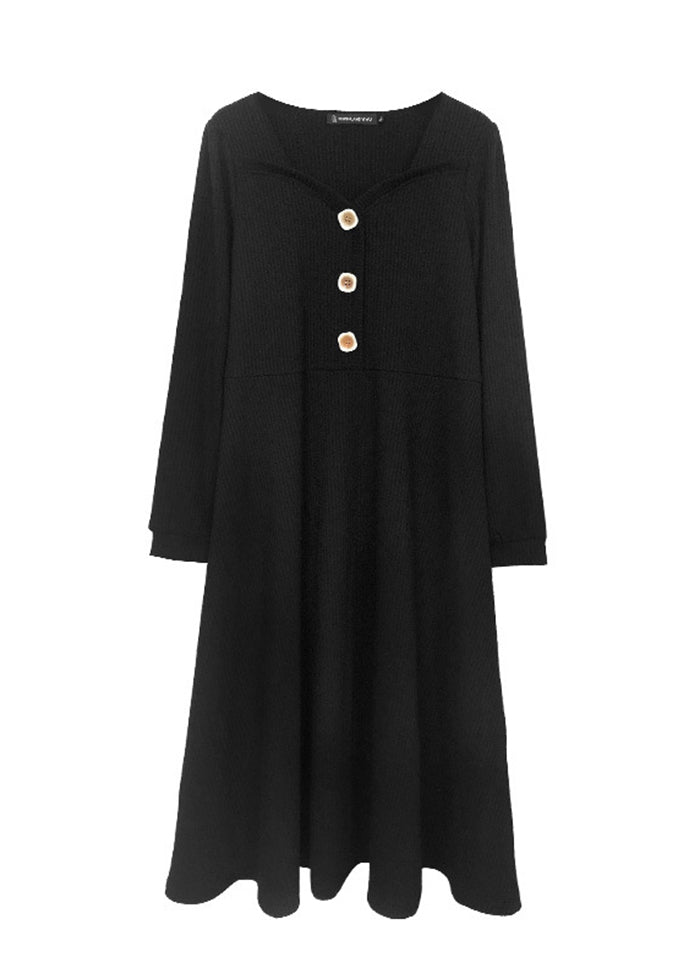 Women Black Square Collar Slim Fit Spandex Holiday Dress Fall