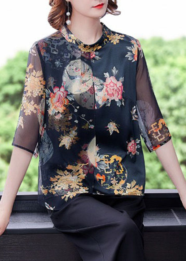 Women Black Stand Collar Button Print Tulle Patchwork Silk Shirt Top Half Sleeve