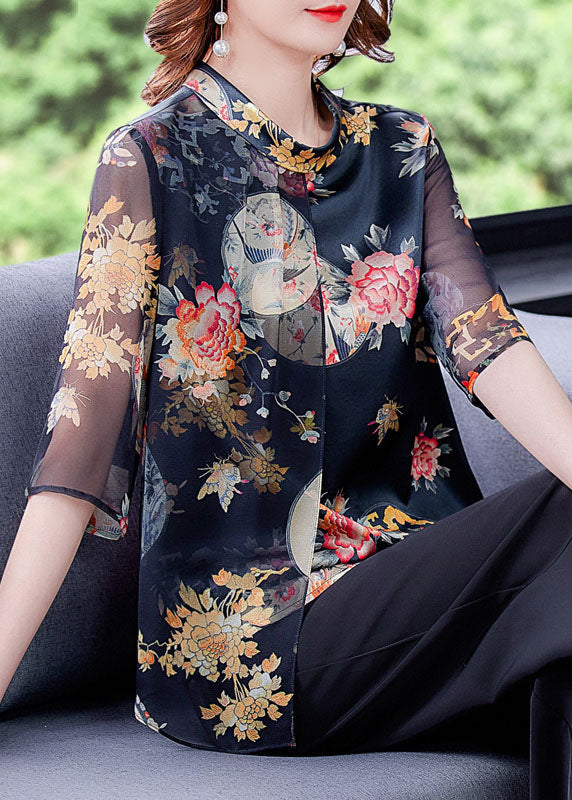 Women Black Stand Collar Button Print Tulle Patchwork Silk Shirt Top Half Sleeve