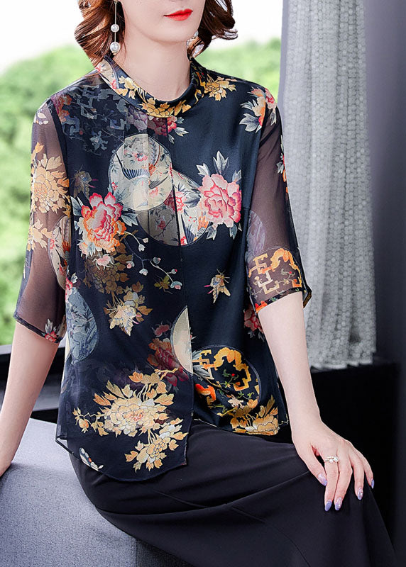 Women Black Stand Collar Button Print Tulle Patchwork Silk Shirt Top Half Sleeve