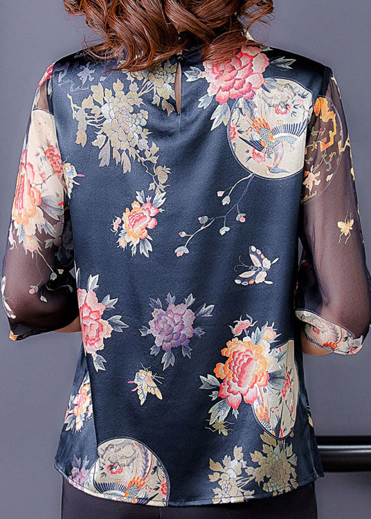 Women Black Stand Collar Button Print Tulle Patchwork Silk Shirt Top Half Sleeve