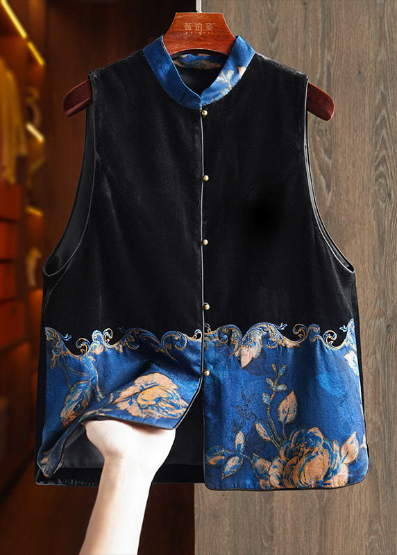 Women Black Stand Collar Embroideried Patchwork Silk Velour Waistcoat Sleeveless