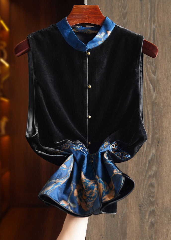 Women Black Stand Collar Embroideried Patchwork Silk Velour Waistcoat Sleeveless