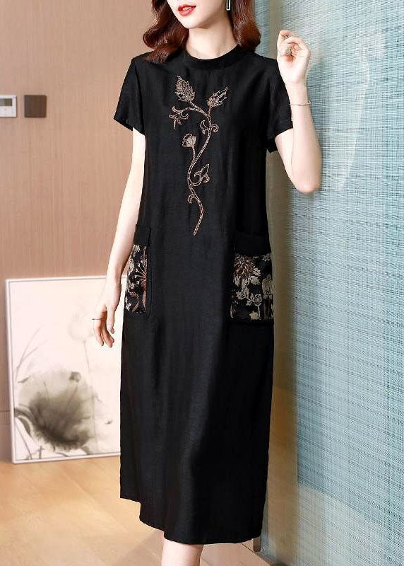 Women Black Stand Collar Embroideried Pockets Silk Dresses Summer