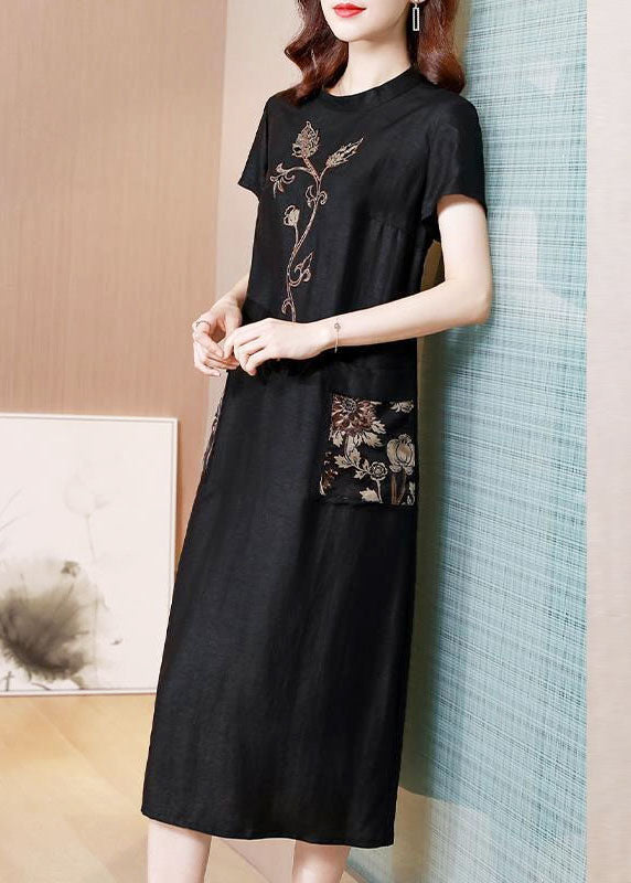 Women Black Stand Collar Embroideried Pockets Silk Dresses Summer