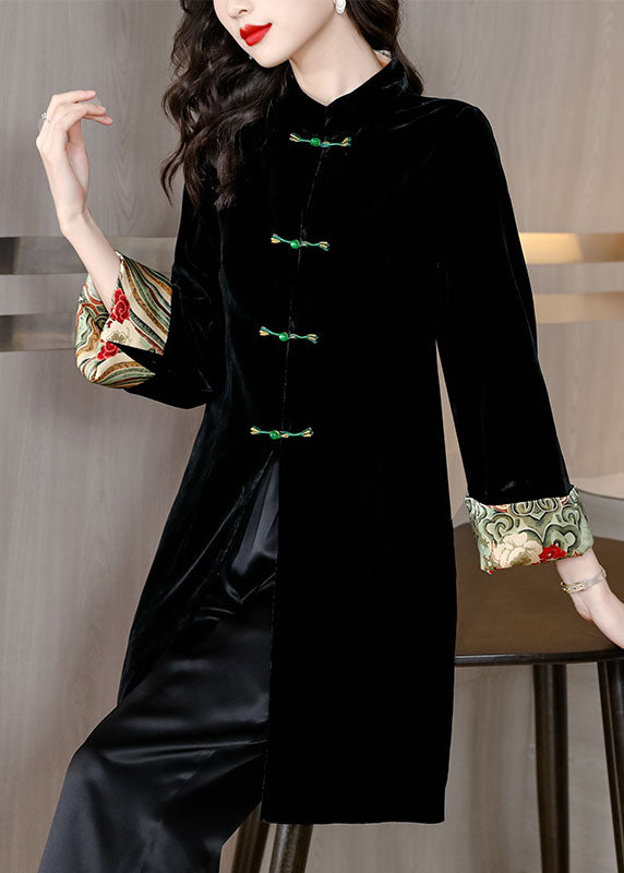 Women Black Stand Collar Patchwork Button Silk Velour Coat Bracelet Sleeve
