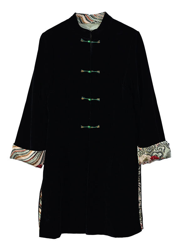 Women Black Stand Collar Patchwork Button Silk Velour Coat Bracelet Sleeve
