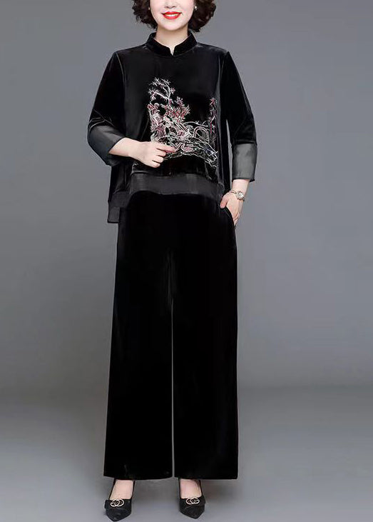 Women Black Stand Collar Patchwork Velour Two Pieces Set Fall