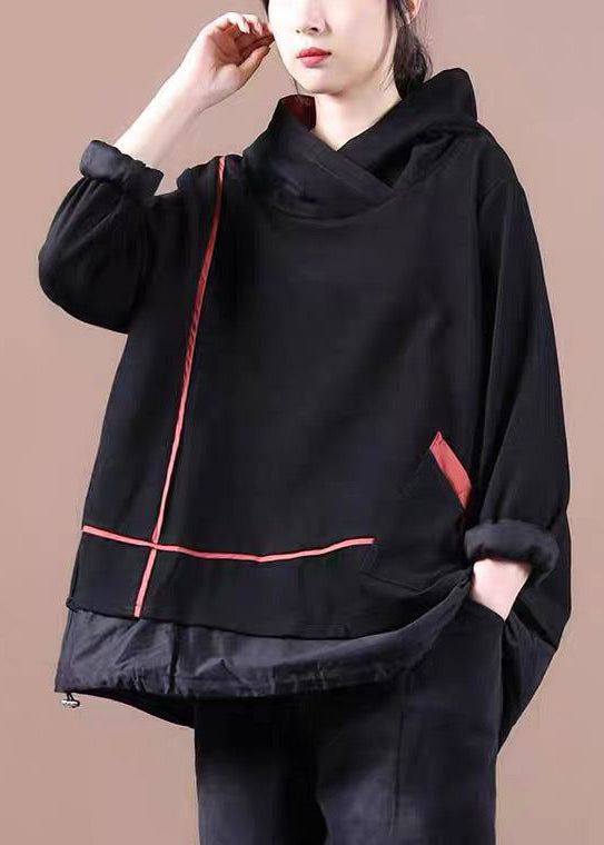 Women Black Striped Hooded Patchwork Warm Fleece Pullover Sweatshirt Winter