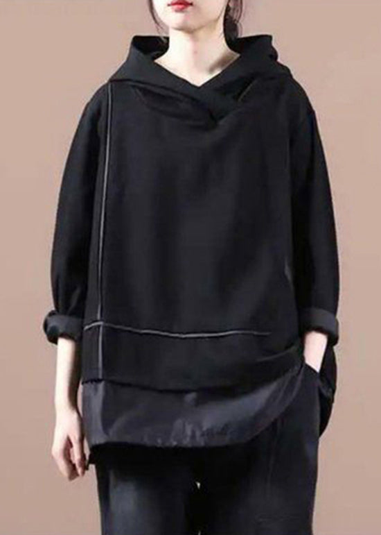 Women Black Striped Hooded Patchwork Warm Fleece Pullover Sweatshirt Winter