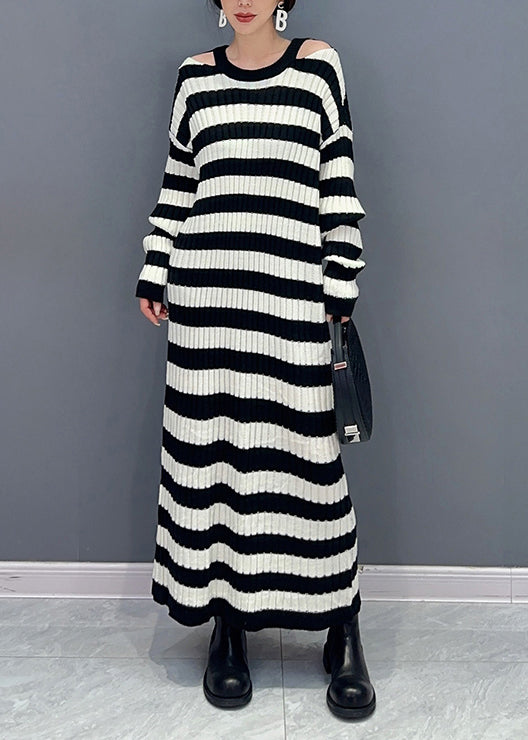 Women Black Striped Side Open Patchwork Knit Cardigan Fall