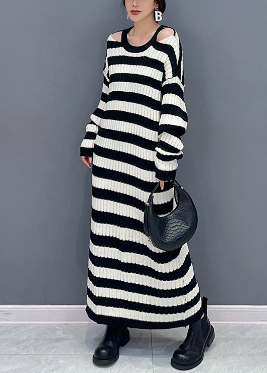 Women Black Striped Side Open Patchwork Knit Cardigan Fall