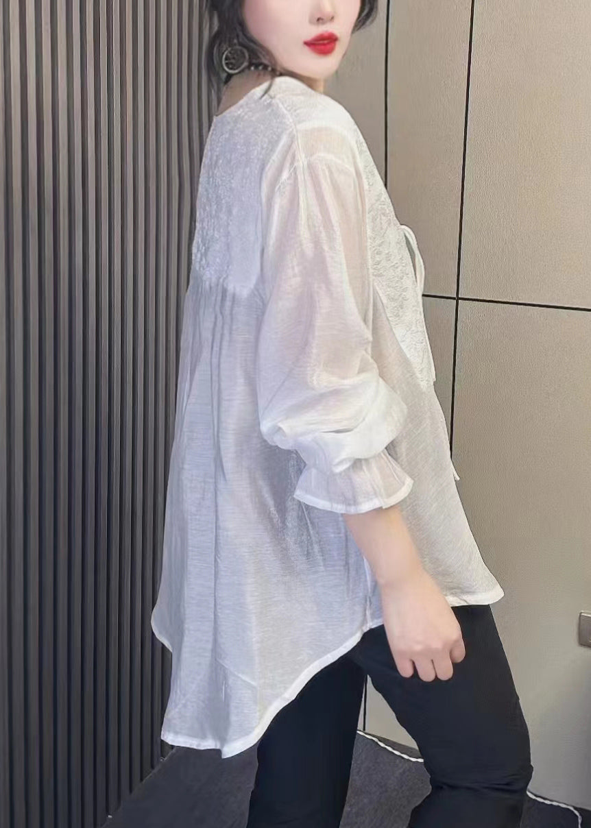 Women Black Tasseled Chinese Button Patchwork Chiffon Shirt Tops Fall