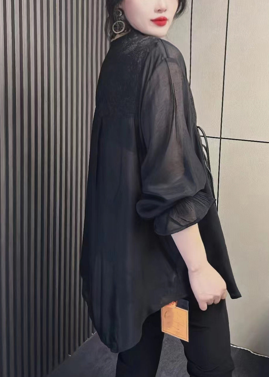 Women Black Tasseled Chinese Button Patchwork Chiffon Shirt Tops Fall
