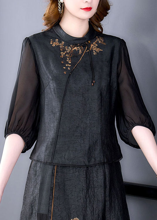 Women Black Tasseled Embroideried Patchwork Silk Top Summer