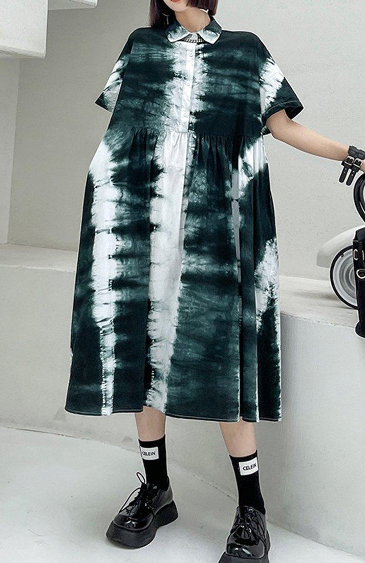 Women Black Tie Dye Cotton Turn-down Collar Summer Long Dresses - Omychic