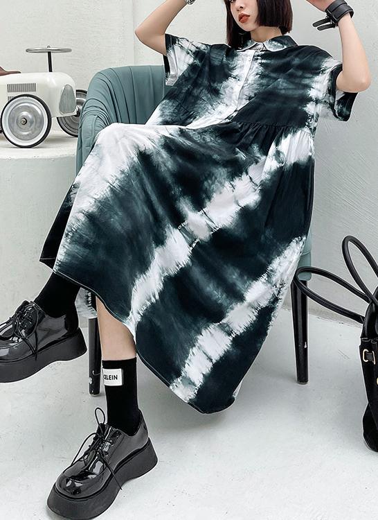 Women Black Tie Dye Cotton Turn-down Collar Summer Long Dresses - Omychic