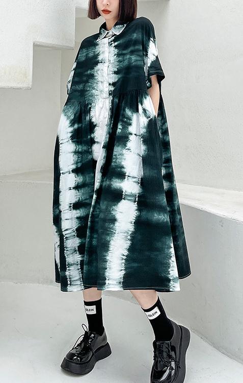 Women Black Tie Dye Cotton Turn-down Collar Summer Long Dresses - Omychic