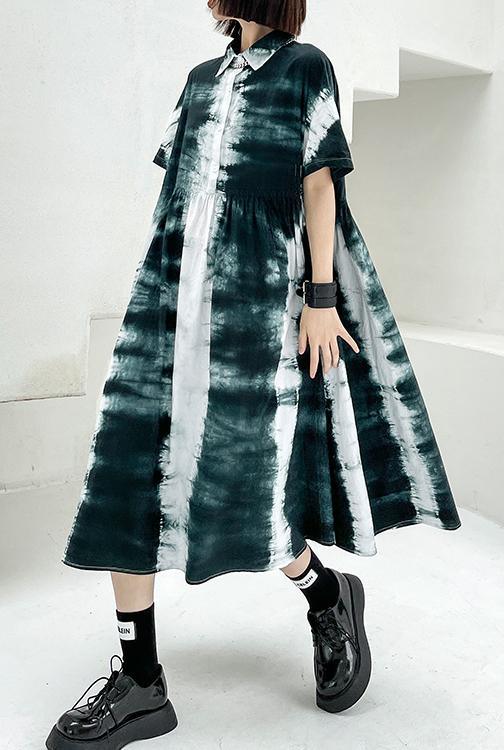 Women Black Tie Dye Cotton Turn-down Collar Summer Long Dresses - Omychic