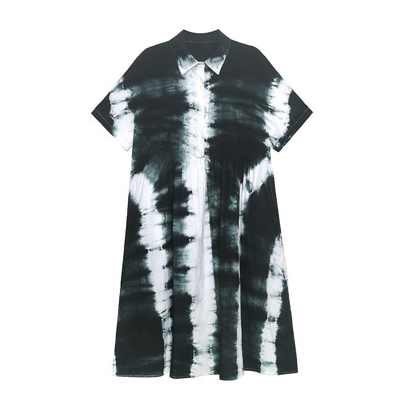 Women Black Tie Dye Cotton Turn-down Collar Summer Long Dresses - Omychic