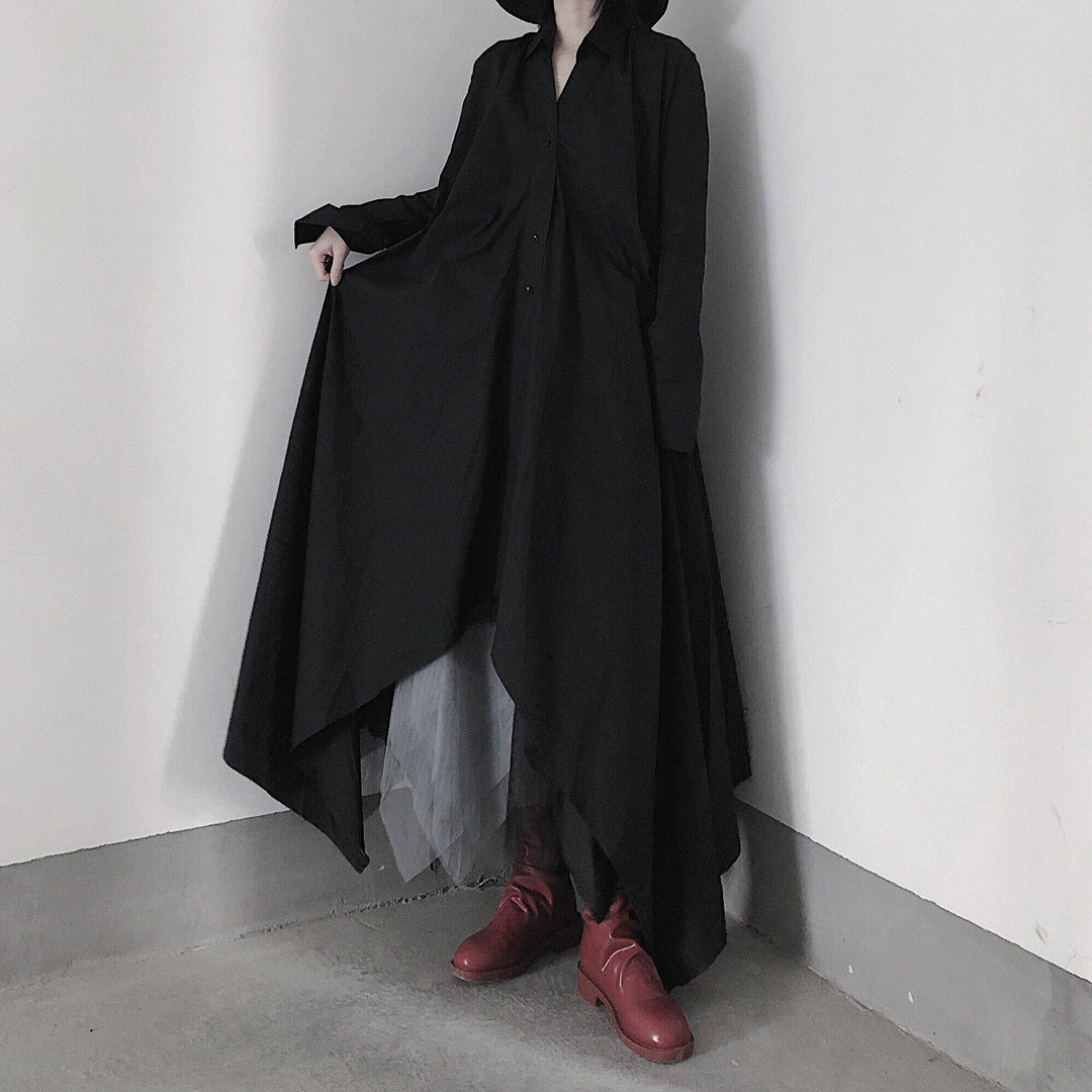 Women Black Tunic Pattern V Neck Asymmetric Robe Spring Dress - Omychic