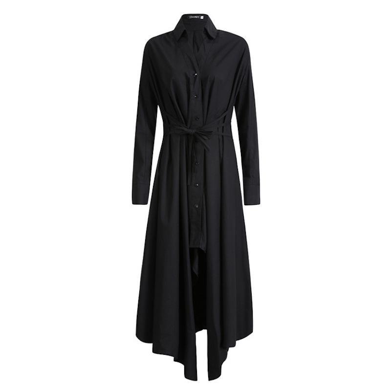 Women Black Tunic Pattern V Neck Asymmetric Robe Spring Dress - Omychic