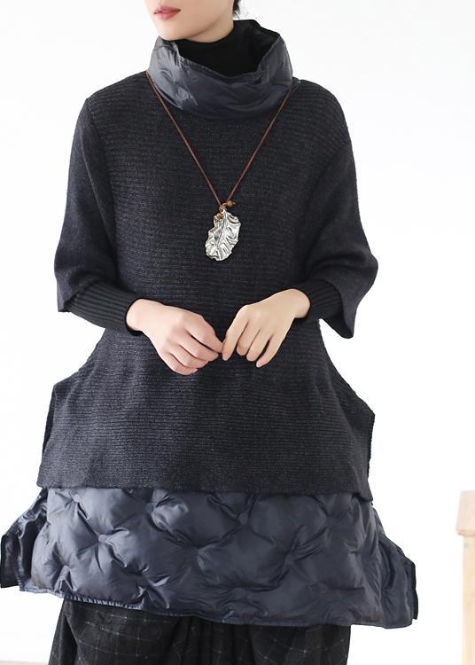 Women Black Turtleneck Half Sleeve Wool Sweater tops - Omychic