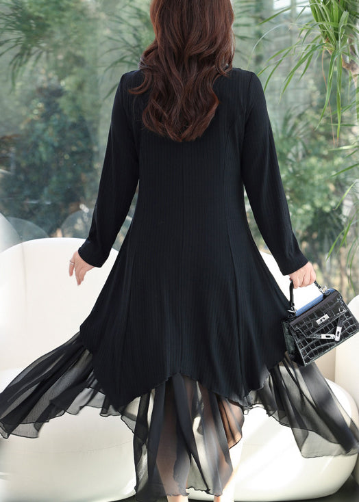 Women Black V Neck Asymmetrical Patchwork Cotton Dress Fall