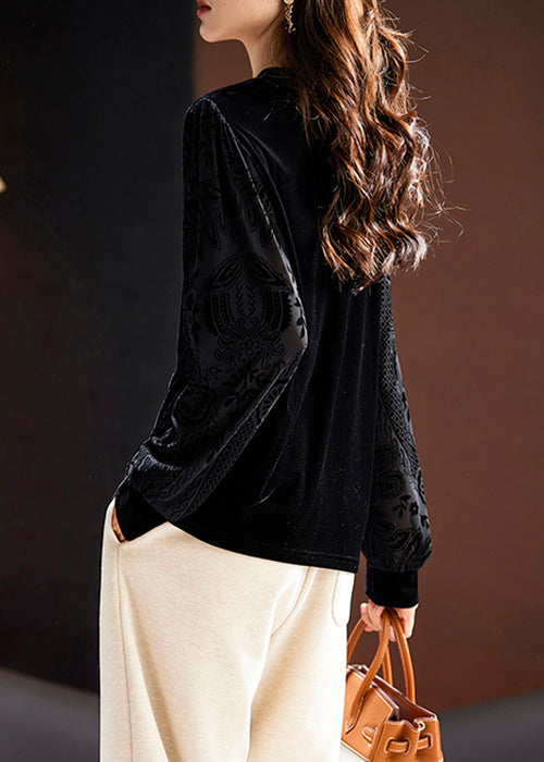 Women Black V Neck Button Silk Velour Tops Long Sleeve