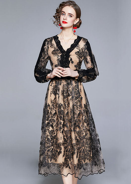 Women Black V Neck Embroidered Patchwork Tulle Dresses Long Sleeve