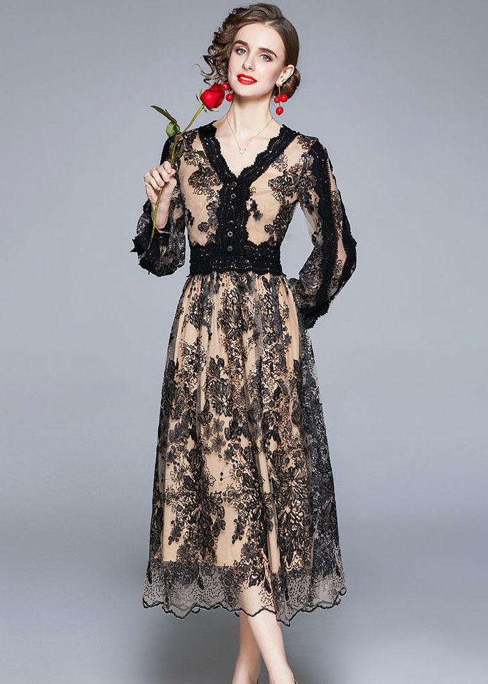 Women Black V Neck Embroidered Patchwork Tulle Dresses Long Sleeve
