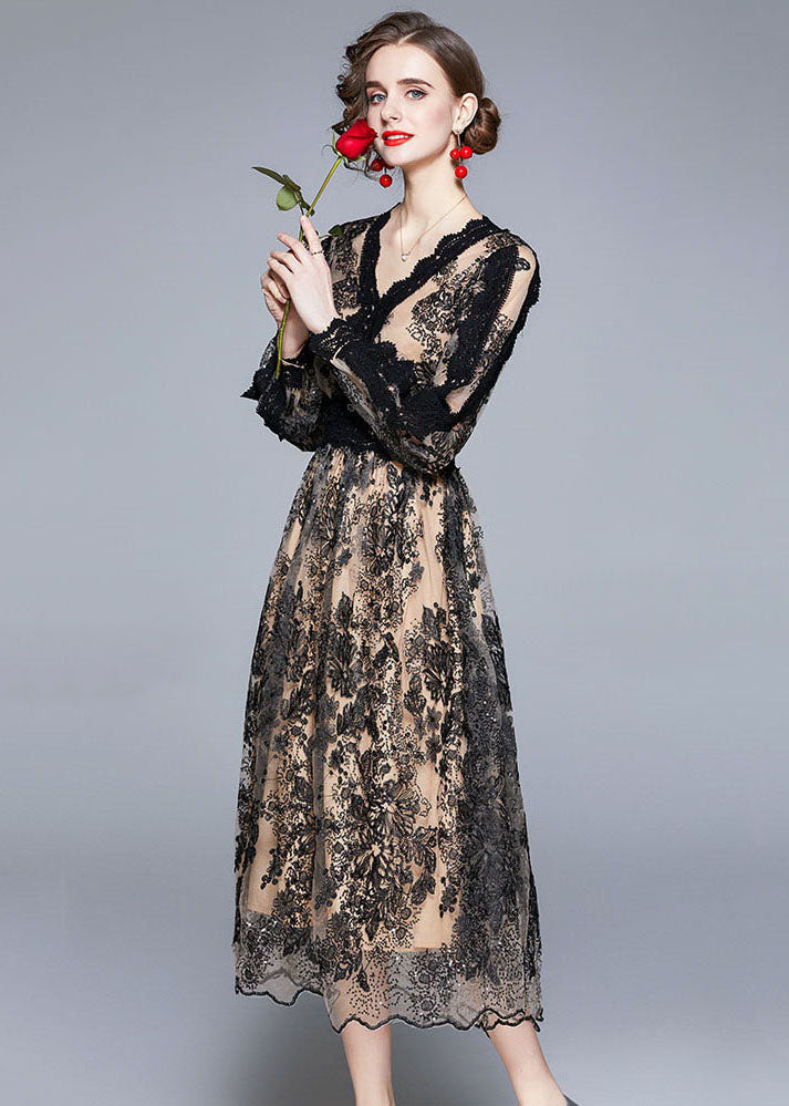 Women Black V Neck Embroidered Patchwork Tulle Dresses Long Sleeve