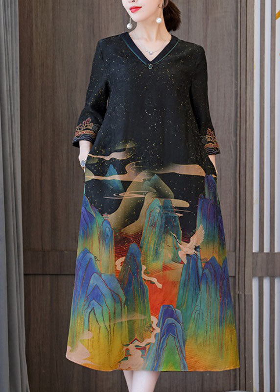 Women Black V Neck Embroideried Print Silk Long Dresses Half Sleeve