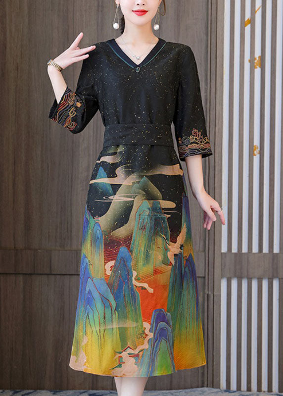 Women Black V Neck Embroideried Print Silk Long Dresses Half Sleeve