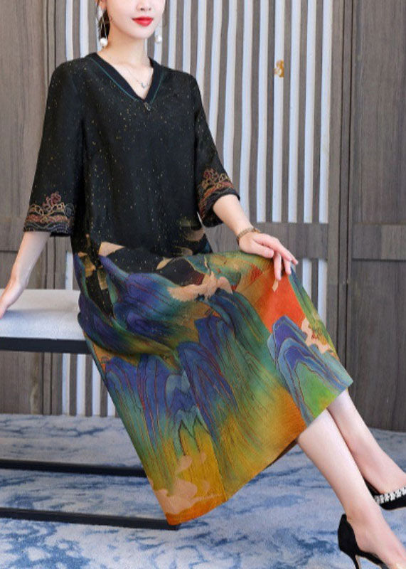 Women Black V Neck Embroideried Print Silk Long Dresses Half Sleeve