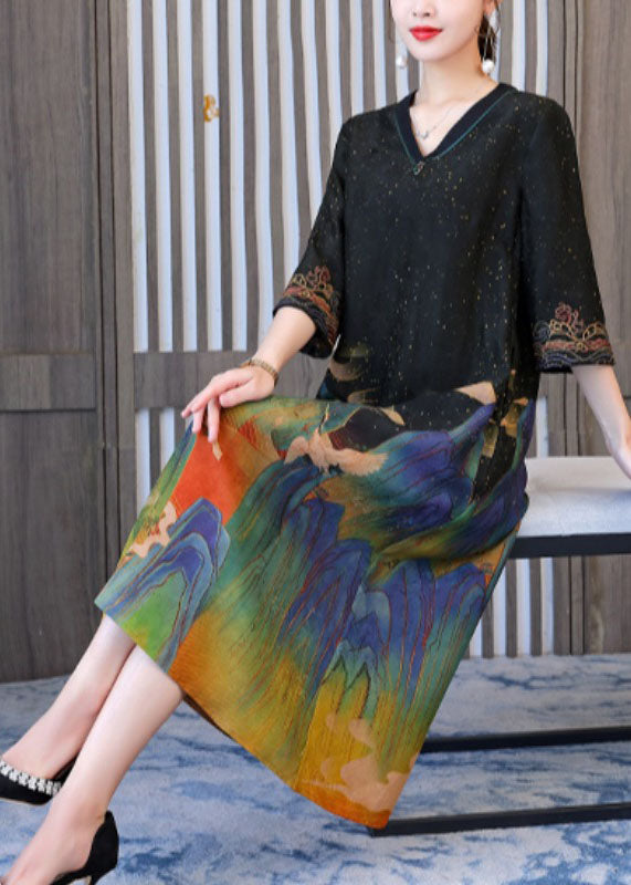 Women Black V Neck Embroideried Print Silk Long Dresses Half Sleeve