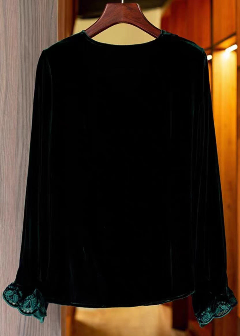 Women Black V Neck Embroideried Silk Velour Top Long Sleeve