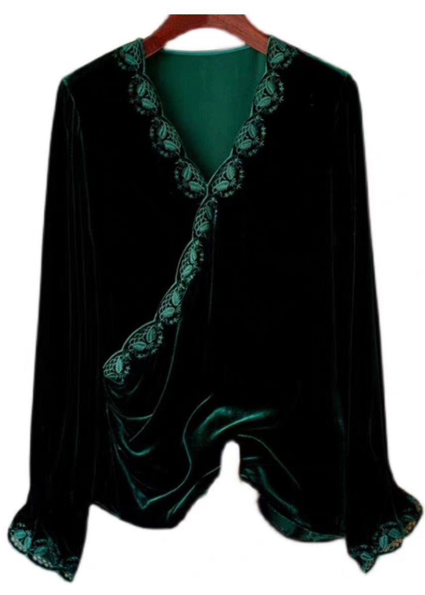 Women Black V Neck Embroideried Silk Velour Top Long Sleeve