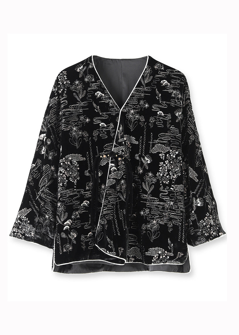 Women Black V Neck Jacquard Patchwork Silk Velour Coats Fall