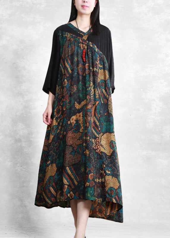 Women Black V Neck Patchwork Asymmetrical Print Silk Dress Three Quarter Sleeve