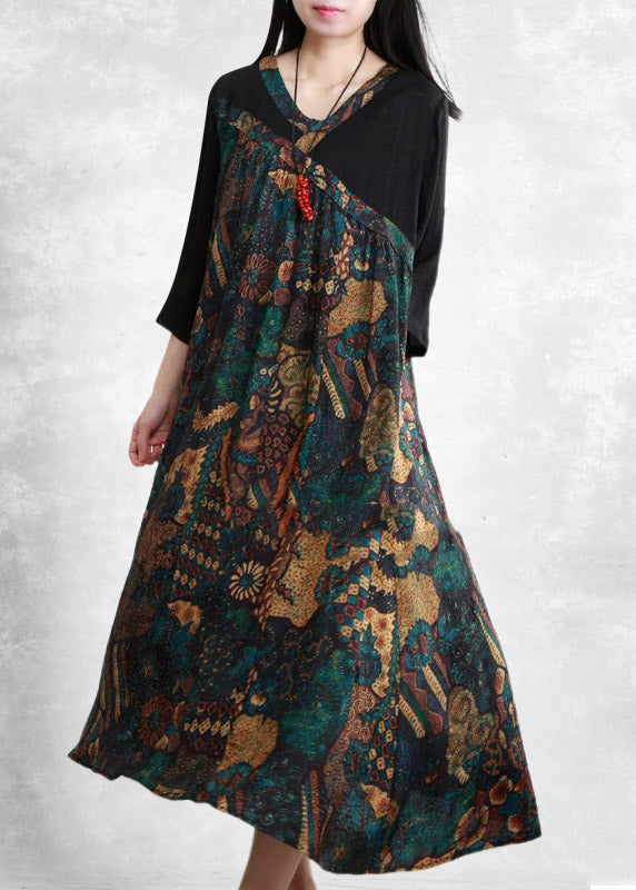 Women Black V Neck Patchwork Asymmetrical Print Silk Dress Three Quarter Sleeve