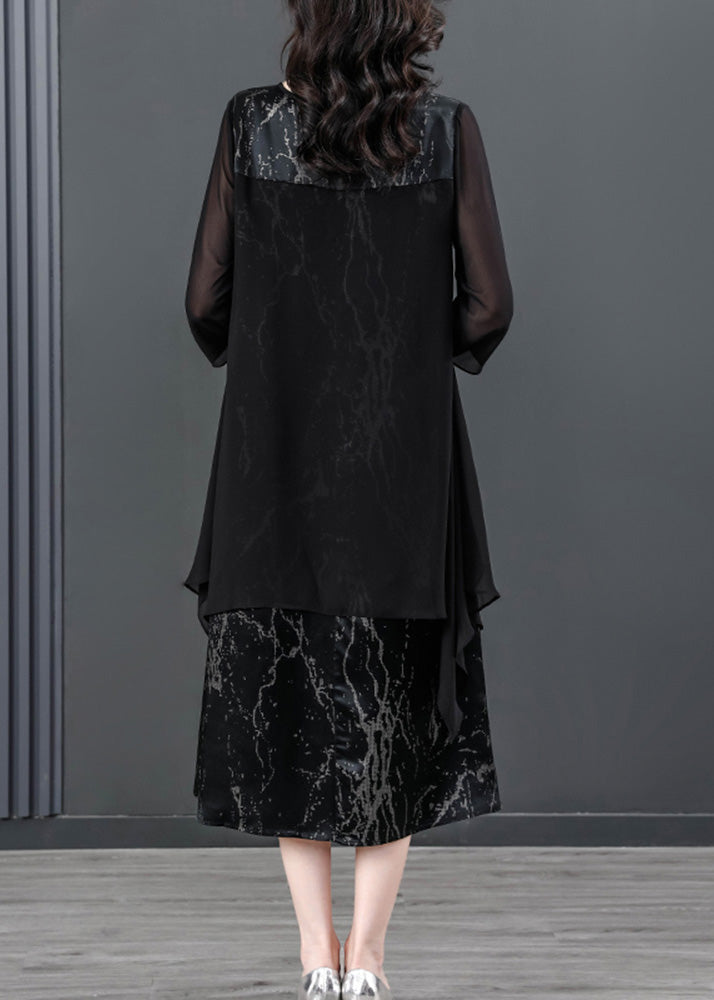 Women Black V Neck Print Patchwork Fake Two Pieces Satin Maxi Dress Summer