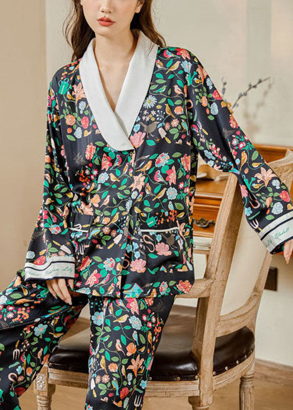 Women Black V Neck Print Pockets Ice Silk Pajamas Two Piece Suit Set Spring